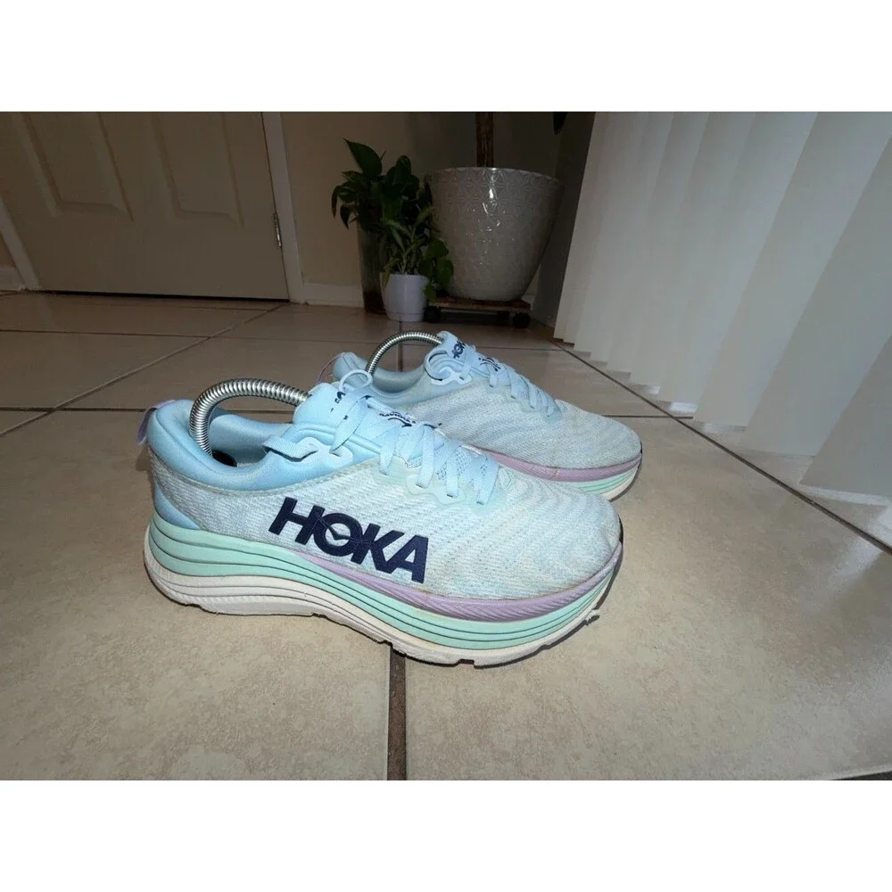 Hoka Women's Gaviota 5 running shoes in an Airy Blue/Sunlit Ocean colorway US si